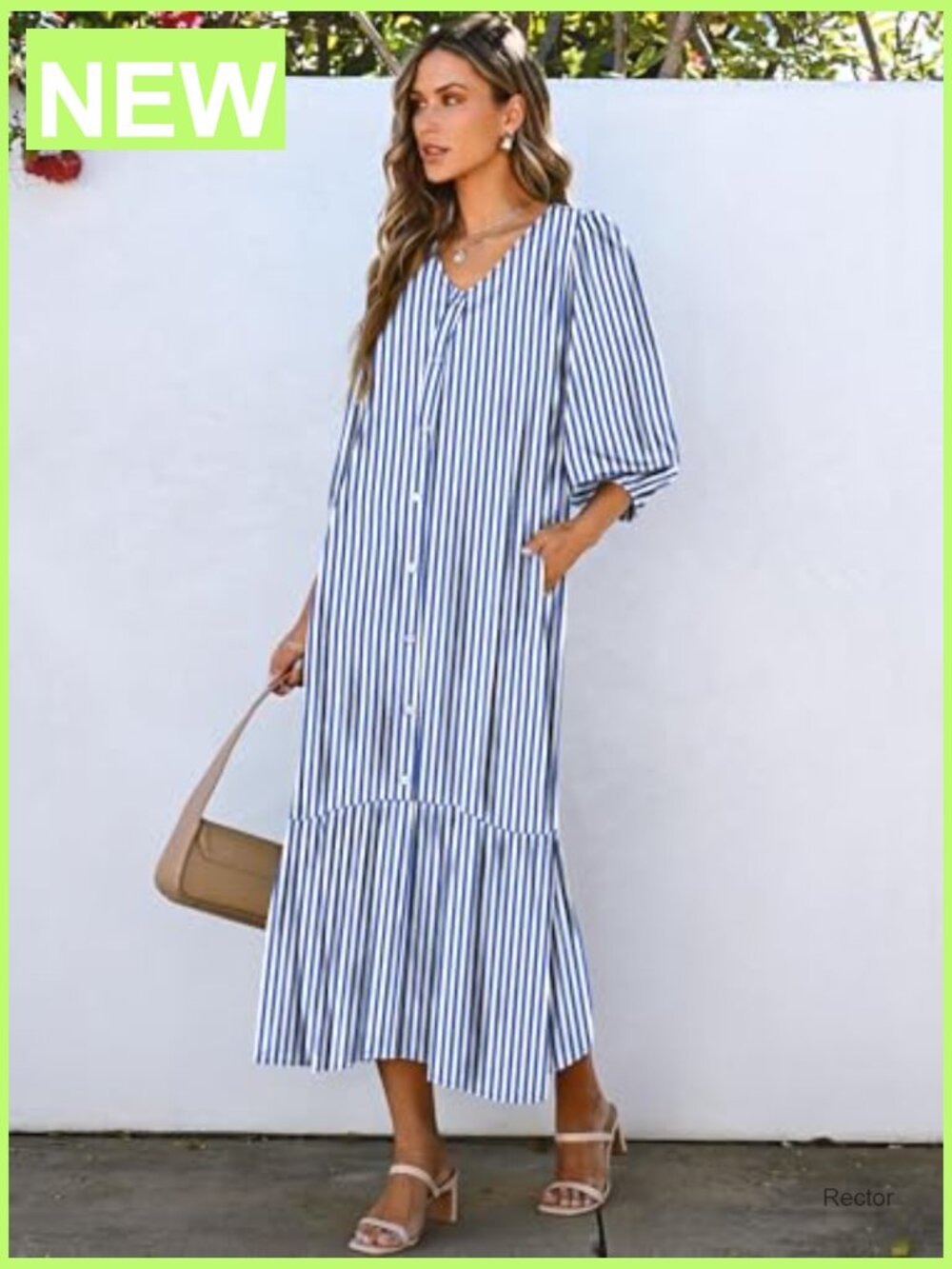 Boho Maxi Dress Puff Sleeve V Neck Flowy Long with Pockets - Picture 3 of 7